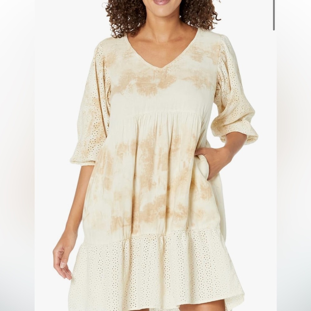 Mod-O-Doc Static Wave Tie-Dye Gauze 3/4 Sleeve Mix-Media V-Neck Dress casual